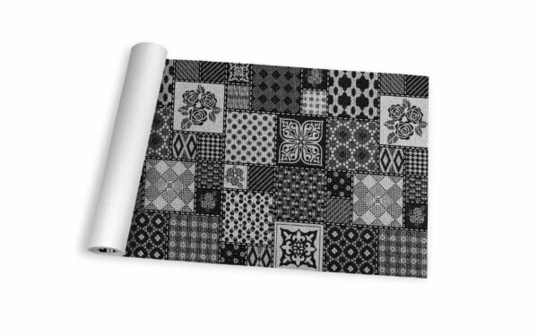 Alfombras vinílicas a medida anti manchas para cocinas, salón etc -patchwork gris negro.