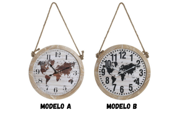 Reloj de Pared Mapamundi en MDF y Cuerda – 50x4x50 cm