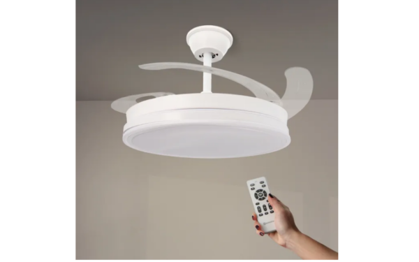 Ventilador de techo LED blanco Olga de 68 W – Motor de CC ultrasilencioso con mando a distancia y aspas retráctiles modos Verano/Invierno