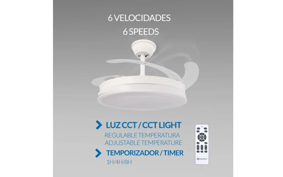 Ventilador de techo LED blanco Olga de 68 W – Motor de CC ultrasilencioso con mando a distancia y aspas retráctiles modos Verano/Invierno - Imagen 4