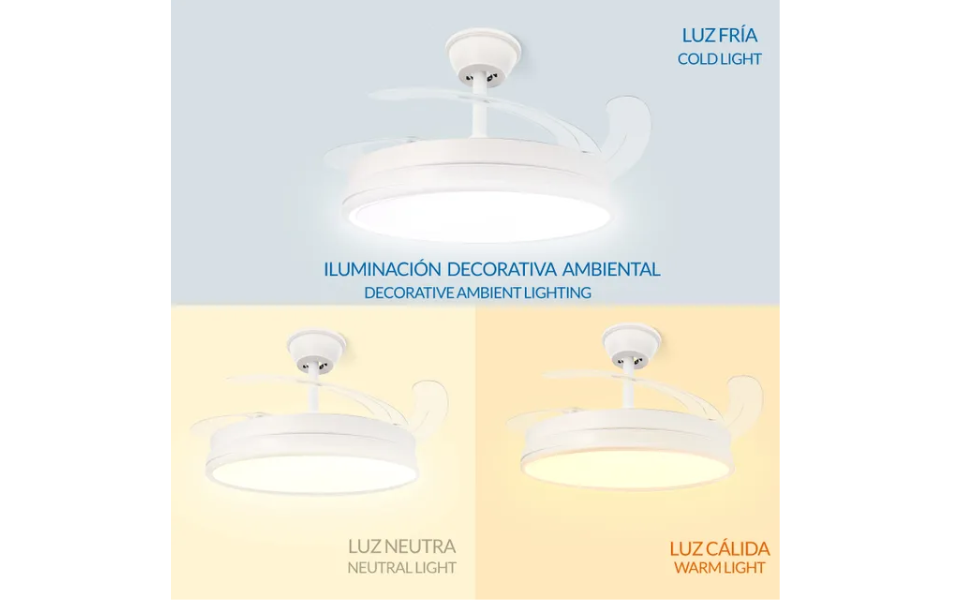Ventilador de techo LED blanco Olga de 68 W – Motor de CC ultrasilencioso con mando a distancia y aspas retráctiles modos Verano/Invierno - Imagen 6