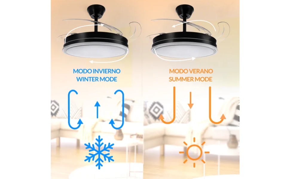 Ventilador de techo LED Olga de 68 W (negro): motor de CC ultrasilencioso, mando a distancia, aspas retráctiles, modos verano/invierno. - Imagen 5