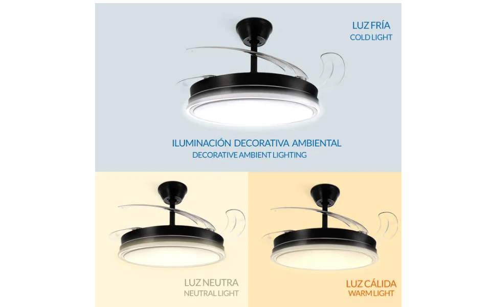 Ventilador de techo LED Olga de 68 W (negro): motor de CC ultrasilencioso, mando a distancia, aspas retráctiles, modos verano/invierno. - Imagen 6