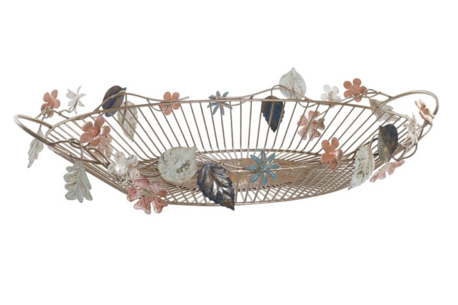 Centro de mesa decorativo de metal con hojas y flores multicolor