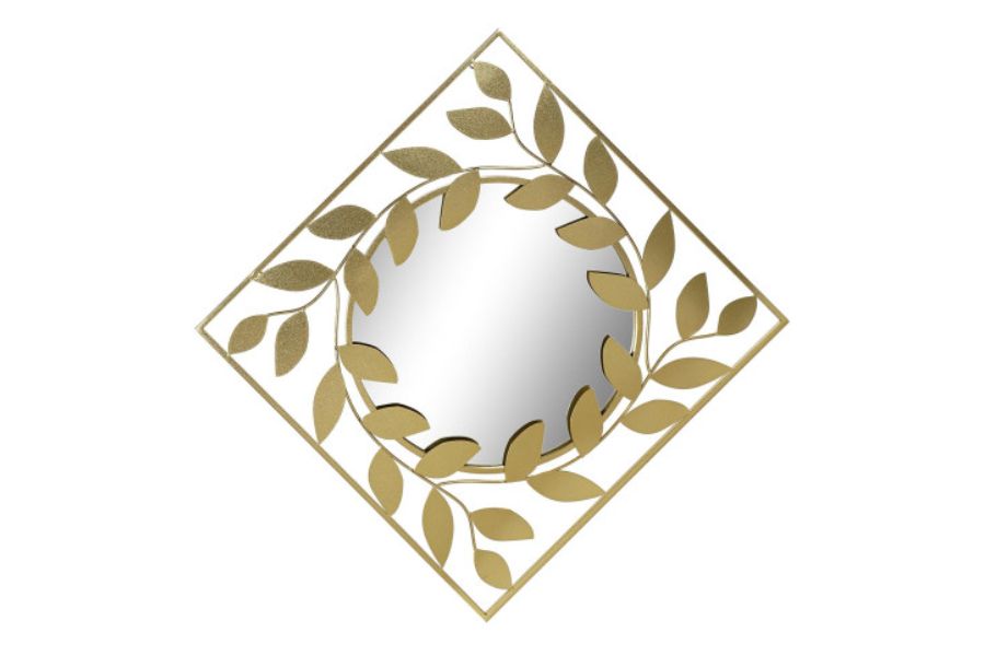 Espejo decorativo de metal dorado con diseño de hojas de laurel