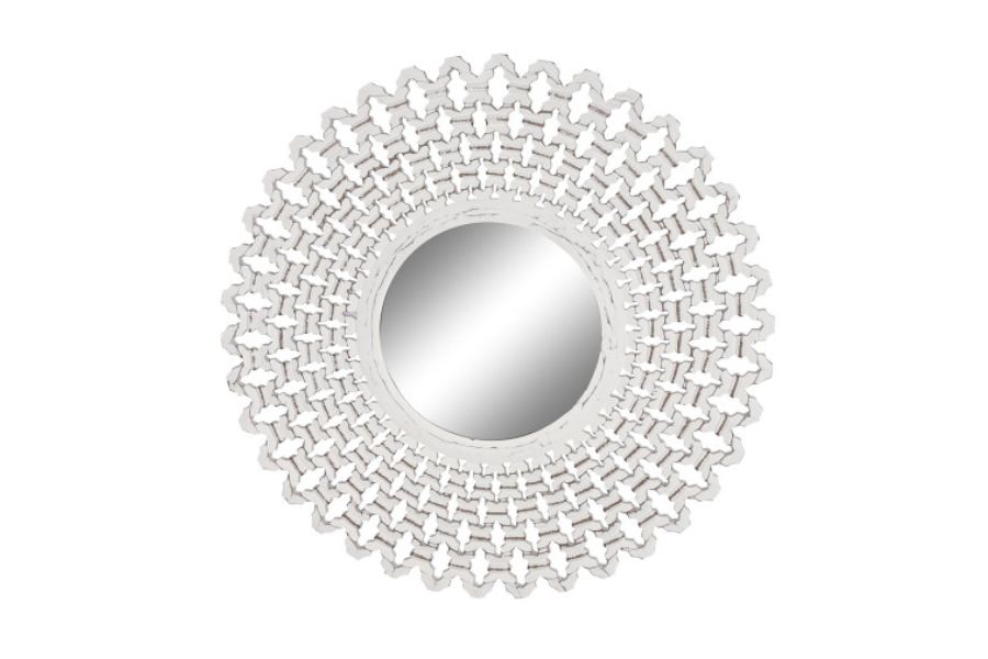 Espejo de MDF y cristal con acabado decapé blanco