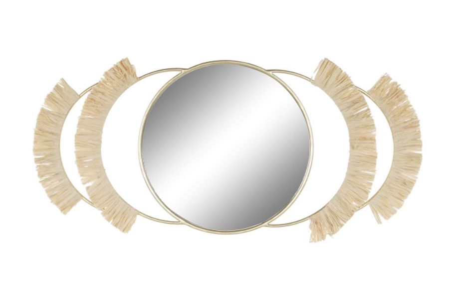 Espejo decorativo de metal dorado y fibra natural con flecos