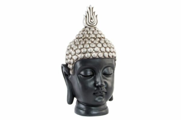 Figura decorativa cabeza de Buda de resina negra y plateada