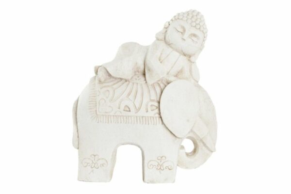 Figura decorativa de Buda sobre elefante en magnesia envejecida