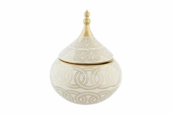 Tibor decorativo de porcelana blanca con detalles dorados