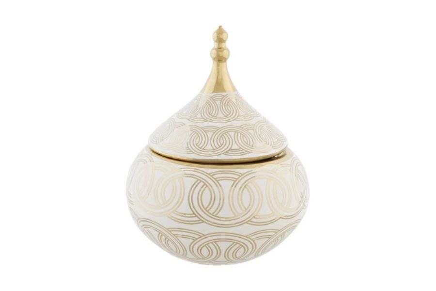 Tibor decorativo de porcelana blanca con detalles dorados