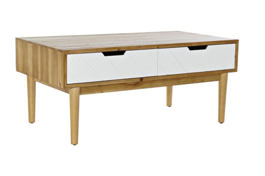 Mesa de Centro de Abeto Marrón con 2 Cajones en Blanco