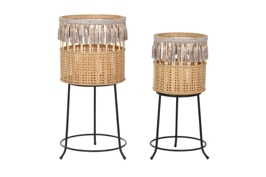 Set de 2 Maceteros de Bambú y Metal Natural Marrón