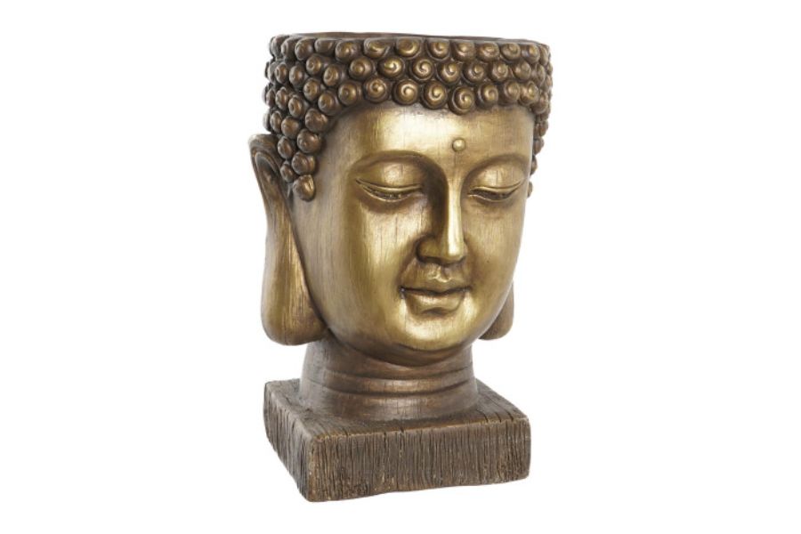 Macetero decorativo de fibra de vidrio con cabeza de Buda envejecida