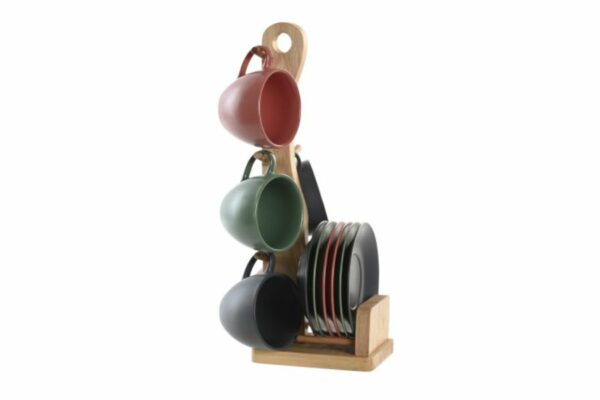 Set de café de 6 piezas de gres con soporte de madera rubberwood, 150 ml