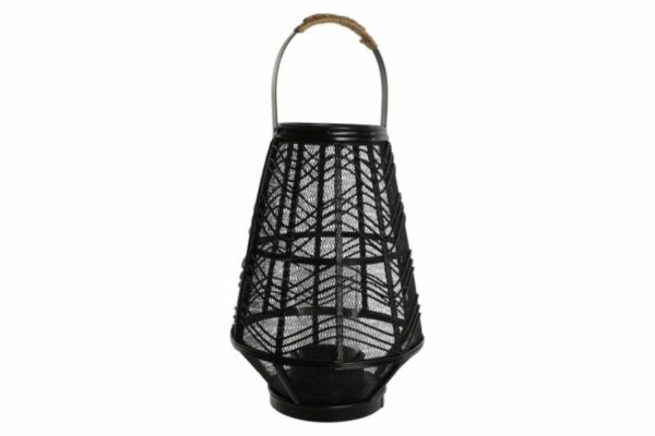 Portavelas farol de metal y ratán negro